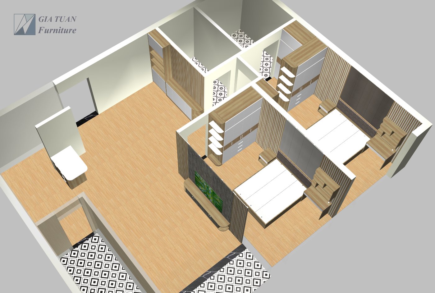 Bản vẽ 3D bố trí nội thất căn hộ A Hiệp