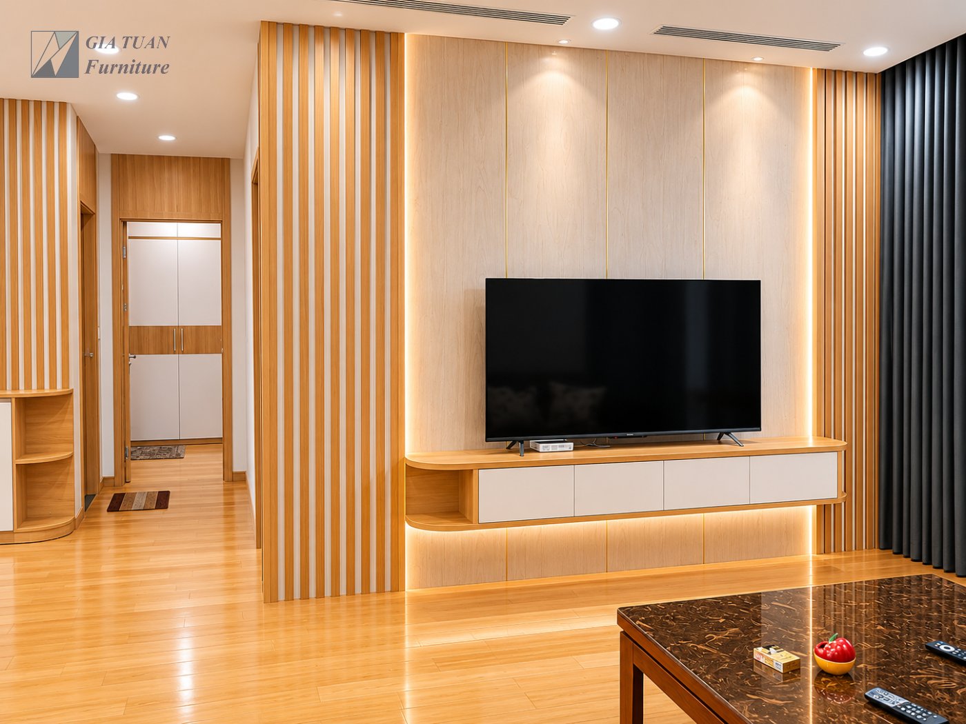 Phòng khách vách TV lam gỗ