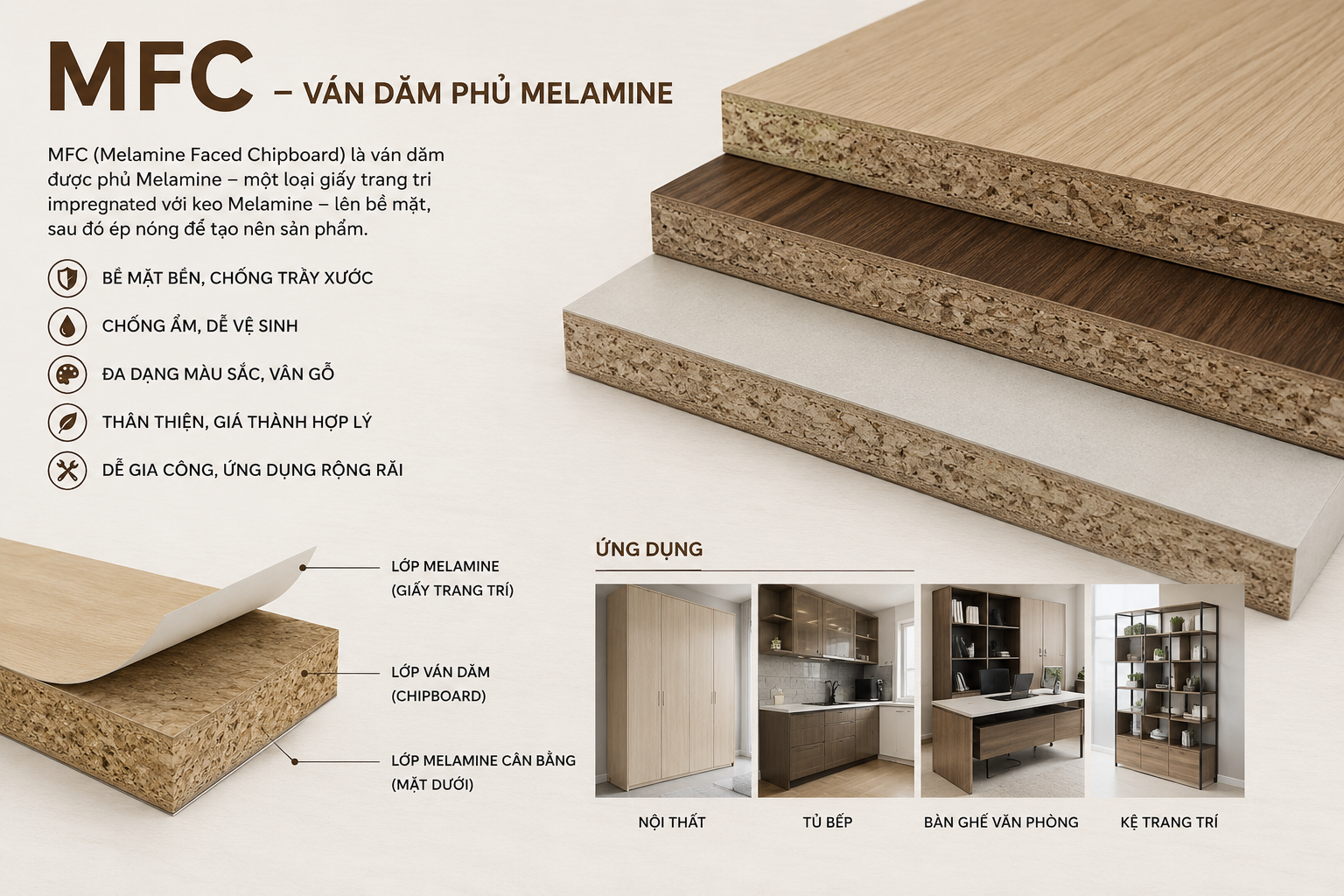 Cấu tạo ván MFC — ván dăm phủ Melamine