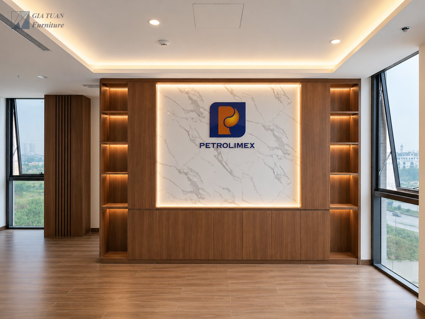 Backdrop phòng họp Petrolimex Thanh Hóa — ốp gỗ veneer, đá marble, kệ đèn LED